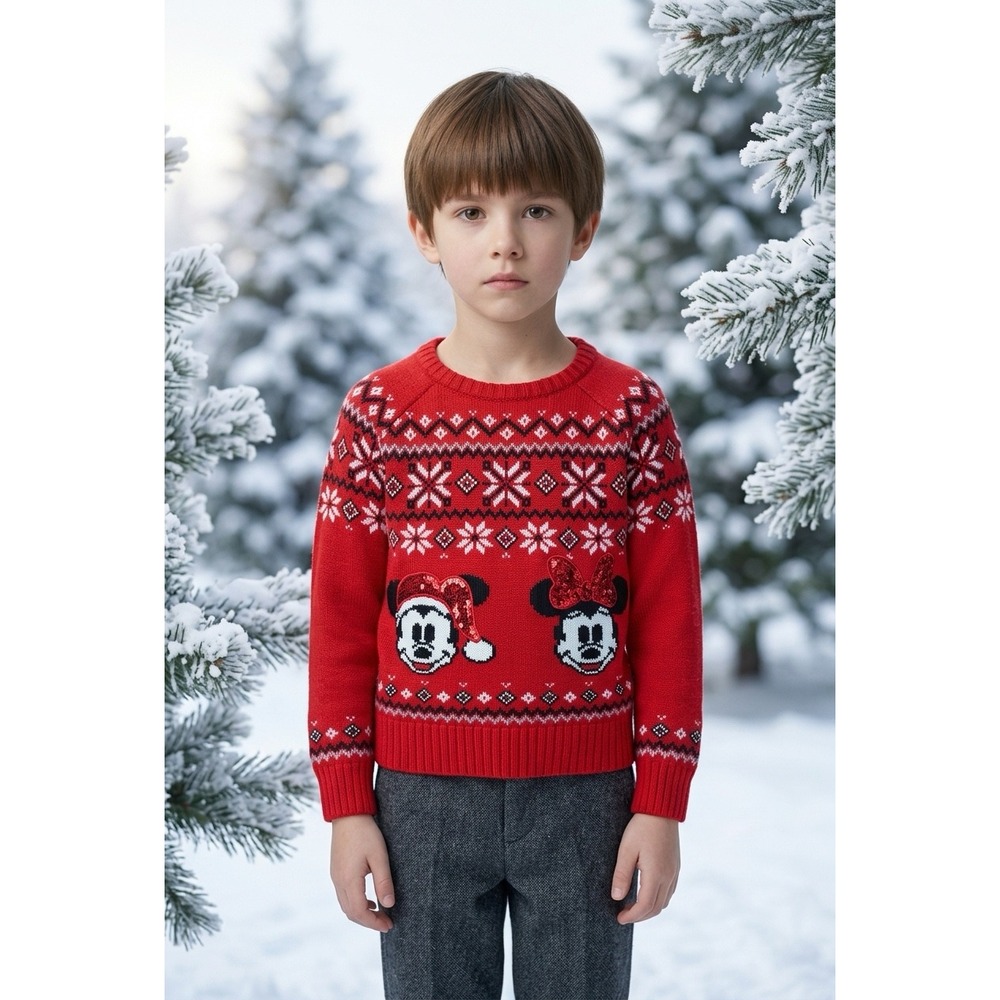Disney Mickey Minnie Mouse Christmas Fair Isle Sweater Red Sequin Kids 4T
